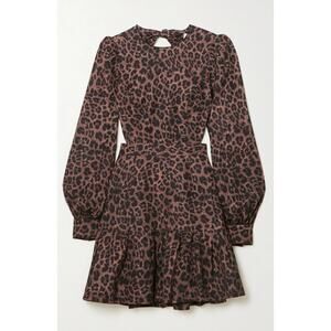 Rebecca Vallance 'Yasi' Brown Linen Cutout Tiered Leopard-Print Mini Dress Size